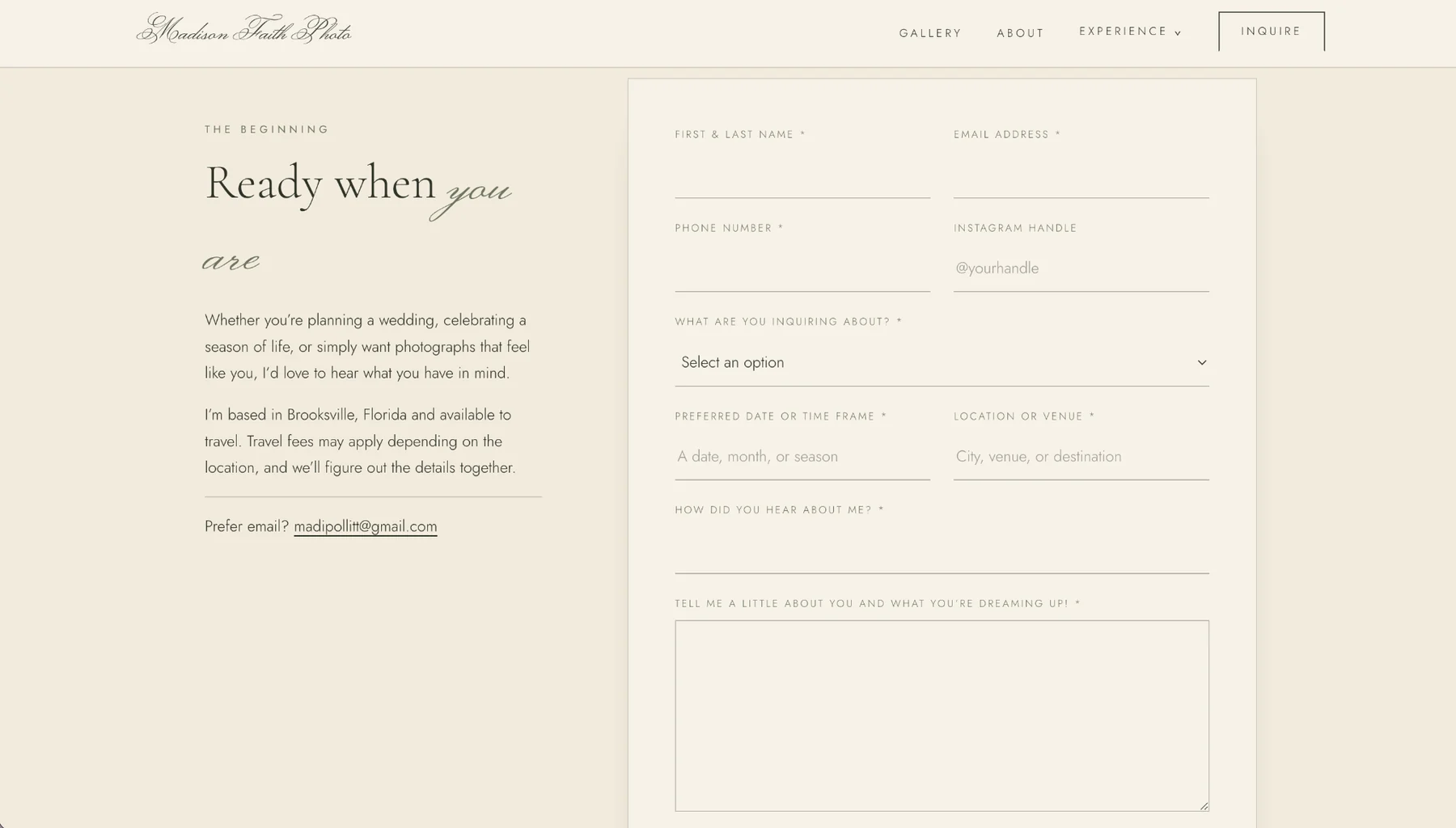 Madison Faith Photo public inquiry page with a styled lead form and introductory copy