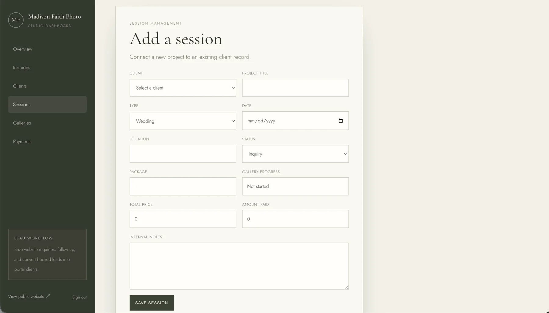 Madison Faith Photo admin session creation form with fields for client, type, date, status, pricing, and notes